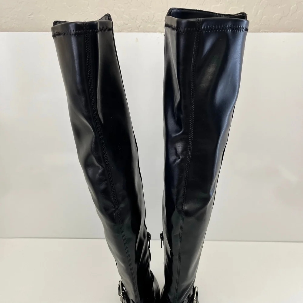 Black Over The Knee Boots Low Block Heel Buckle Riding Boots Size 5 DV Dolce Vit